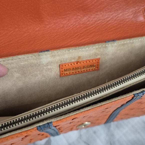 Orange & Gray Ostrich Leather Clutch Gold Chain Strap Sleek Design - Picture 10 of 12